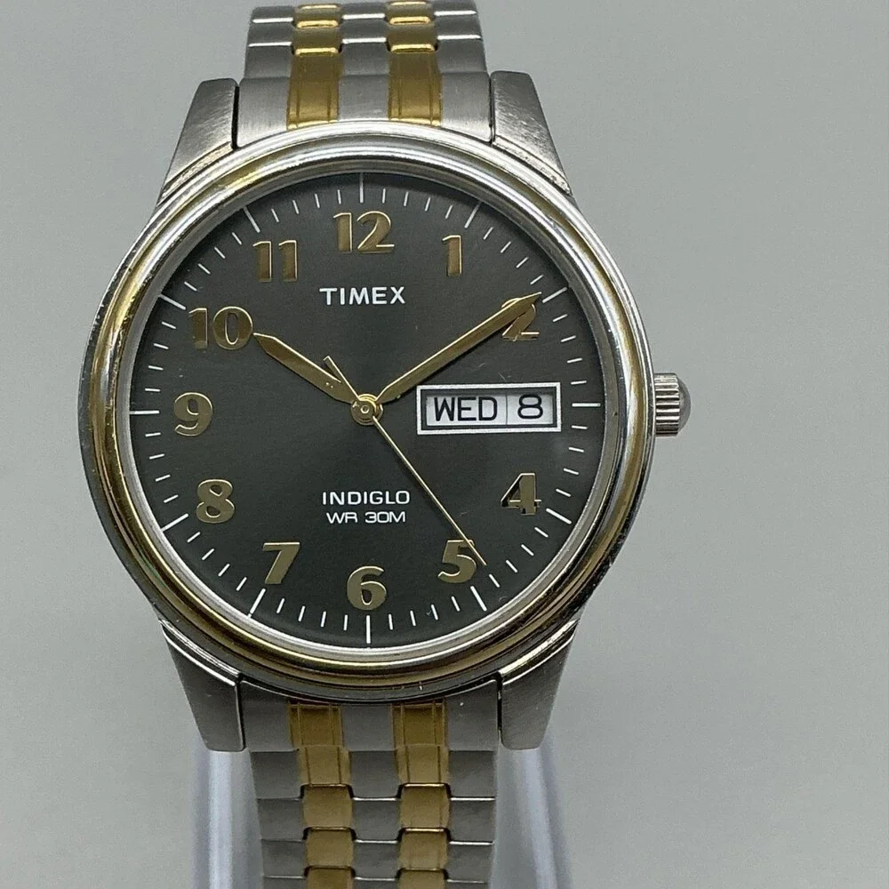 Timex Charles Street Indiglo WR 30M Mens Watch 35mm Black Dial Two Tone Date